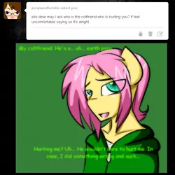 Size: 665x665 | Tagged: semi-grimdark, artist:deadsmileface, derpibooru import, fluttershy, anthro, pegasus, abuse, ask, butterscotch, domestic abuse, flutterbuse, gay, image, male, my happy face, png, rule 63, solo, stockholm syndrome, tumblr, wingless, wingless anthro