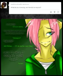 Size: 500x600 | Tagged: abuse, anthro, artist:deadsmileface, ask, butterscotch, derpibooru import, domestic abuse, eye clipping through hair, flutterbuse, fluttershy, gay, grammar, male, mind break, my happy face, pegasus, rule 63, semi-grimdark, solo, stockholm syndrome, tumblr, useless source url, wingless, wingless anthro