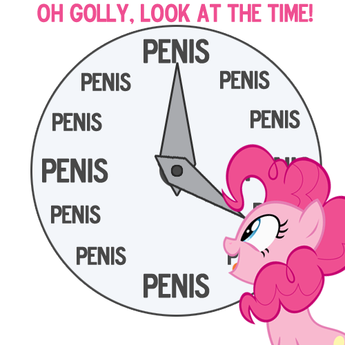 Size: 500x500 | Tagged: clock, derpibooru import, eyes on the prize, just look at the time, meme, open mouth, penis, pinkie pie, pinkie time, questionable, smiling