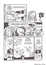 Size: 1414x2000 | Tagged: safe, artist:sukaponta, derpibooru import, fluttershy, pinkie pie, rarity, twilight sparkle, pony, unicorn, comic:gaki no tsukai ya arahende, batsu game, battery, comic, derp, laughing, monochrome, pony next door