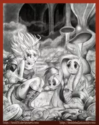 Size: 724x913 | Tagged: artist:todd18, crossover, derpibooru import, dragon ball z, fluttershy, human, monochrome, oc, rainbow dash, safe, saiyan, super saiyan, traditional art