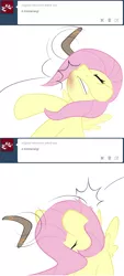 Size: 636x1404 | Tagged: artist:kryptchild, boomerang, bruised, dead source, derpibooru import, flutterbuse, fluttershy, semi-grimdark, solo, throwing things at fluttershy, tumblr