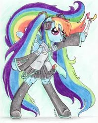 Size: 900x1134 | Tagged: safe, artist:oriwhitedeer, derpibooru import, rainbow dash, pegasus, pony, alternate hairstyle, bipedal, boots, clothes, crossover, female, hatsune miku, mare, necktie, shoes, signature, simple background, solo, traditional art, vocaloid, white background