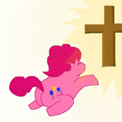 Size: 800x800 | Tagged: 1000 hours in ms paint, artist:pewdie-pinkiepie, background pony strikes again, christianity, cross, derpibooru import, incorrect leg anatomy, ms paint, pinkie pie, plot, religion, religious, religious argument, safe, solo, trolling, wat