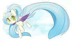 Size: 1000x577 | Tagged: safe, artist:vella, derpibooru import, oc, oc:star chaser, unofficial characters only, pegasus, pony, colored wings, flying, long mane, long tail, ponytail, solo