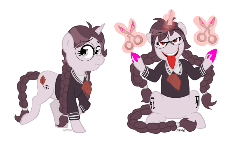 Size: 1505x947 | Tagged: artist:crescent-mond, blood, clothes, danganronpa, derpibooru import, genocide jack, magic, ponified, safe, scissors, toko fukawa, touko fukawa