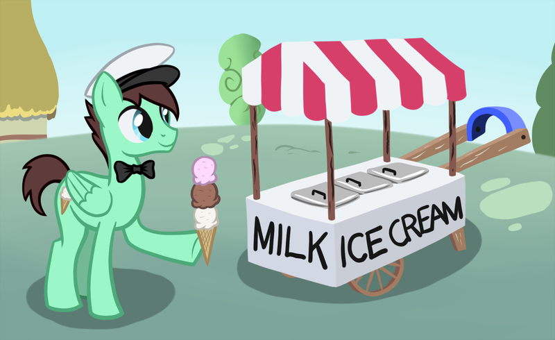 Size: 1144x700 | Tagged: safe, artist:arrkhal, derpibooru import, oc, unofficial characters only, pegasus, pony, bowtie, cart, hat, ice cream, ice cream cart, male, mint chocolate chip, mint ice cream, solo, stallion