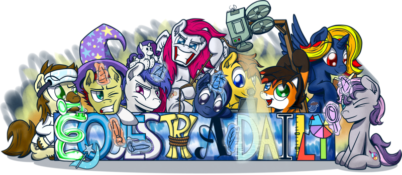 Size: 3285x1432 | Tagged: safe, artist:gray--day, derpibooru import, oc, oc:calpain, oc:cereal velocity, oc:digibrony, oc:phoe, unofficial characters only, alicorn, pony, equestria daily, alicorn oc, banner, calpain, group, sethisto, xyro