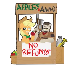 Size: 1024x939 | Tagged: apple, applejack, artist:inspectornills, borderlands, crossover, derpibooru import, gun, human, marcus kincaid, safe, stall, working