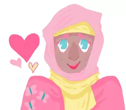 Size: 900x785 | Tagged: artist:oliviaandedd, dark skin, derpibooru import, fluttershy, heart, hijab, human, humanized, islam, islamashy, lipstick, looking at you, safe, smiling, solo