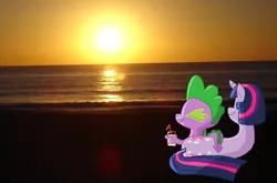 Size: 1706x1128 | Tagged: artist:jazo123, beach, derpibooru import, photo, safe, spike, sunset, twilight sparkle