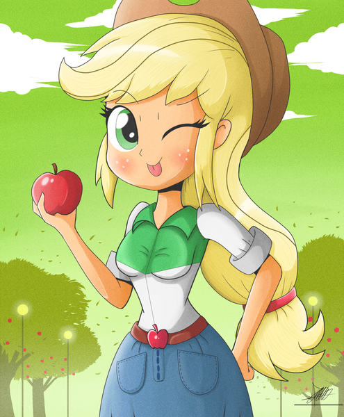 Size: 1784x2162 | Tagged: safe, artist:the-butch-x, derpibooru import, applejack, equestria girls, apple, belt, belt buckle, blushing, clothes, cowboy hat, cowgirl, denim skirt, food, hand on hip, hat, obligatory apple, skirt, solo, stetson, wink