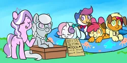 Size: 1280x640 | Tagged: apple bloom, artist:mt, babs seed, booth, clothes, costume, cutie mark crusaders, derpibooru import, diamond tiara, glasses, safe, scootaloo, silver spoon, sweetie belle, swimming pool
