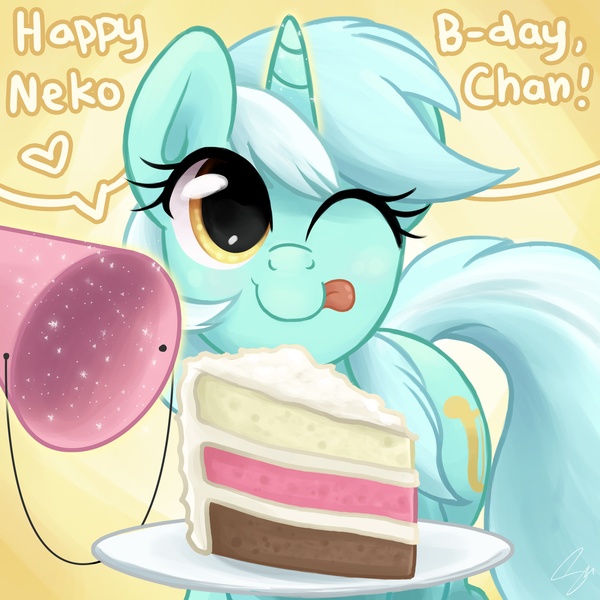 Size: 3000x3000 | Tagged: safe, artist:steffy-beff, derpibooru import, lyra heartstrings, birthday, cake, cute, food, happy birthday, hat, lyrabetes, party hat, pov, solo, tongue out, wink