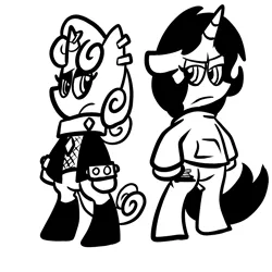 Size: 2400x2400 | Tagged: safe, artist:pembroke, derpibooru import, sweetie belle, oc, oc:ink blot, pony, bipedal, meanie belle, monochrome