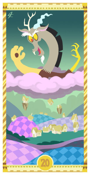 Size: 400x775 | Tagged: artist:janeesper, chaos, cloud, cotton candy, cotton candy cloud, derpibooru import, discord, discorded landscape, food, green sky, judgement, ponyville, safe, solo, tarot card