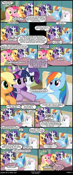 Size: 1000x2400 | Tagged: safe, artist:skipsy, derpibooru import, applejack, fluttershy, nurse redheart, pinkie pie, rainbow dash, rarity, spike, twilight sparkle, comic:dawn of a new day, comic, female, hospital, lesbian, mane seven, mane six, shipping, show accurate, twidash