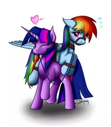 Size: 2800x3200 | Tagged: safe, artist:jykinturah, deleted from derpibooru, derpibooru import, rainbow dash, twilight sparkle, blushing, bondage, bound wings, collar, cute, female, heart, leash, lesbian, looking at you, mouth hold, nervous, pet, ponies riding ponies, raised hoof, shipping, smiling, twidash, wavy mouth, wink