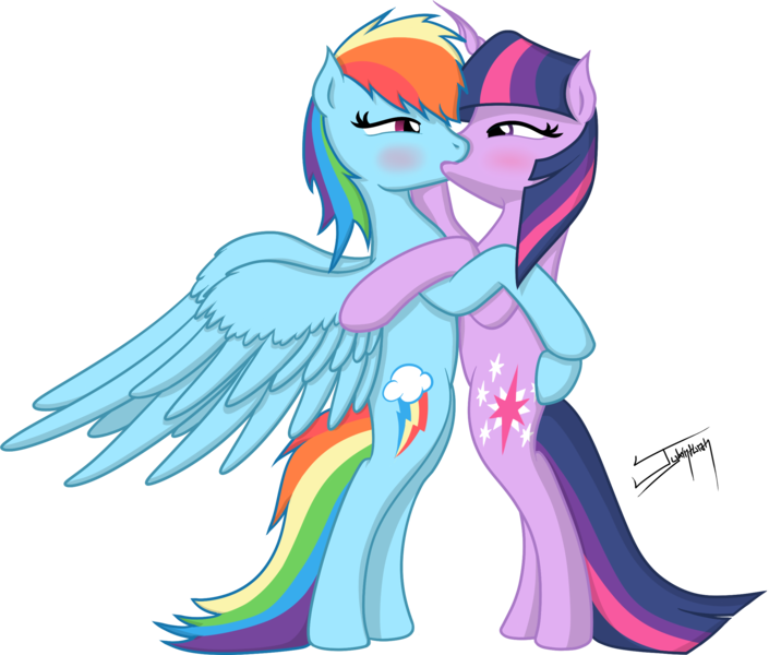 Size: 2426x2066 | Tagged: safe, artist:jykinturah, deleted from derpibooru, derpibooru import, rainbow dash, twilight sparkle, pony, bipedal, female, kissing, lesbian, shipping, twidash