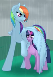 Size: 1173x1684 | Tagged: safe, artist:jykinturah, deleted from derpibooru, derpibooru import, rainbow dash, twilight sparkle, bad anatomy, female, filly, hug, lesbian, rain, shipping, smiling, twidash, winghug