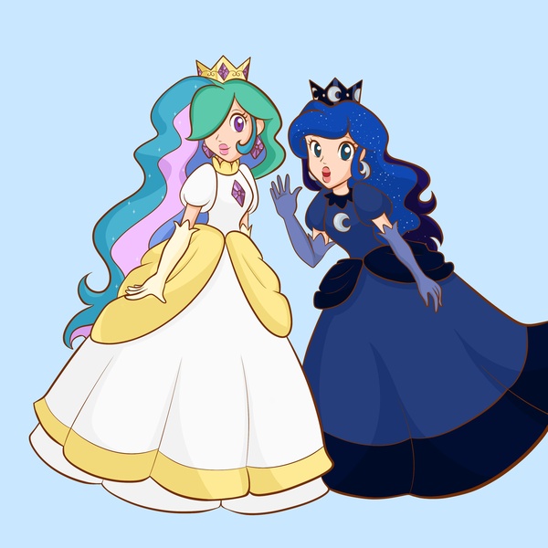 Size: 3000x3000 | Tagged: artist:looji, breasts, clothes, delicious flat chest, derpibooru import, dress, flatchestia, human, humanized, nintendo, parody, princess celestia, princess luna, princess peach, princess peachlestia, safe, style emulation, super mario bros.