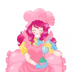 Size: 700x700 | Tagged: ace attorney, apron, artist:looji, baking, blushing, clothes, crossover, cupcake, derpibooru import, food, frosting, gloves, human, humanized, pinkie pie, safe, solo