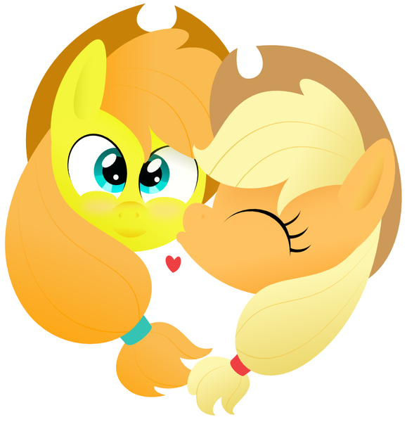 Size: 845x876 | Tagged: safe, artist:giantsquidie, derpibooru import, applejack, oc, oc:apple juice, canon x oc, heart, kissing, shipping