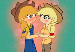 Size: 877x604 | Tagged: safe, artist:ferzyppgd, derpibooru import, applejack, oc, oc:apple juice, human, blushing, canon x oc, holding hands, humanized