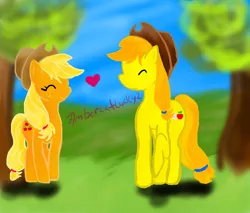 Size: 1000x850 | Tagged: safe, artist:ambercatlucky2, derpibooru import, applejack, oc, oc:apple juice, canon x oc, heart