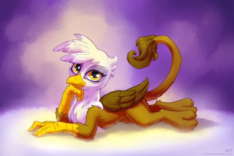 Size: 1920x1280 | Tagged: safe, artist:kp-shadowsquirrel, derpibooru import, gilda, gryphon, cute, female, folded wings, gilda is amused, gildadorable, hand on chin, image, jpeg, looking at you, lying down, prone, raised tail, smiling, solo, tail, wings