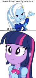 Size: 522x1121 | Tagged: safe, derpibooru import, trixie, twilight sparkle, equestria girls, actually giving a fuck, exploitable meme, fucks given, giving a fuck, look what trixie found, meme, vulgar