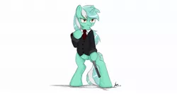 Size: 2000x1063 | Tagged: safe, artist:ncmares, derpibooru import, lyra heartstrings, pony, bipedal, clothes, gun, pistol, solo, suit, suppressor