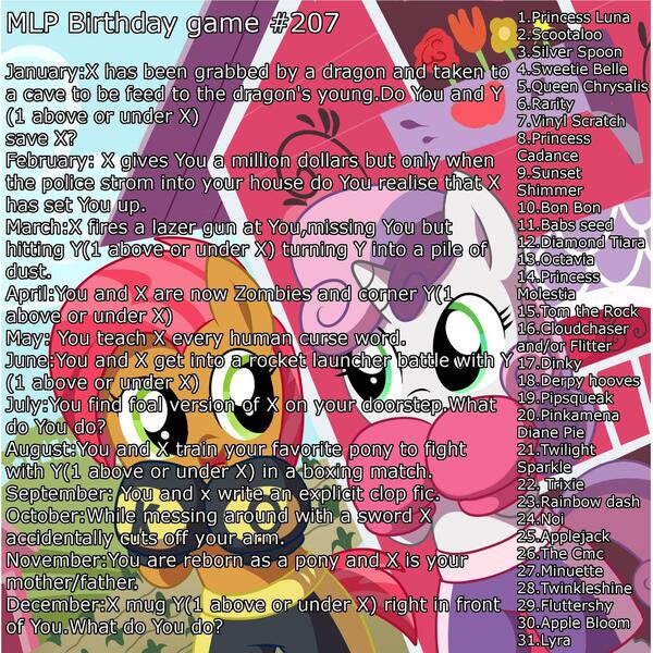 Size: 1640x1640 | Tagged: safe, derpibooru import, applejack, babs seed, derpy hooves, dinky hooves, fluttershy, noi, pinkie pie, queen chrysalis, rainbow dash, rarity, sunset shimmer, sweetie belle, twilight sparkle, pegasus, pony, birthday game, exploitable meme, female, mare, pinkamena diane pie