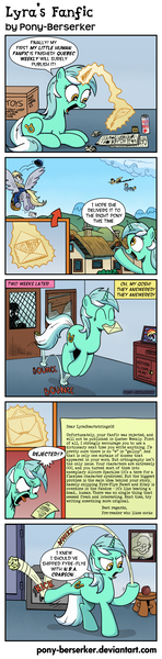 Size: 905x3667 | Tagged: safe, artist:pony-berserker, derpibooru import, derpy hooves, lyra heartstrings, rainbow dash, wild fire, pegasus, pony, fanfic, angry, comic, cricket ball, envelope, female, humie, ink, magic, mail, mailmare, mare, mr bean, picture, quill, reference