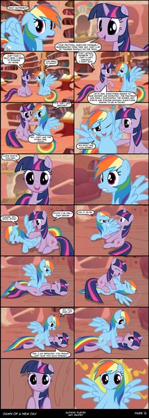 Size: 992x2774 | Tagged: safe, artist:skipsy, derpibooru import, rainbow dash, twilight sparkle, comic:dawn of a new day, comic, female, golden oaks library, lesbian, shipping, show accurate, tickle fight, tickling, twidash
