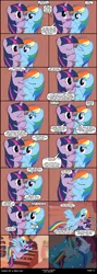 Size: 992x2774 | Tagged: suggestive, artist:skipsy, derpibooru import, rainbow dash, twilight sparkle, comic:dawn of a new day, bed, bedroom eyes, carrying, comic, female, golden oaks library, hug, kissing, lesbian, shipping, show accurate, show accurate porn, twidash