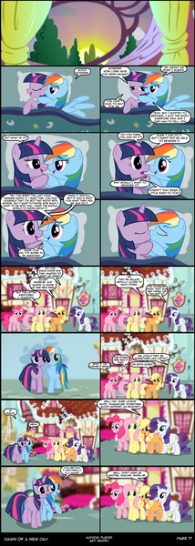 Size: 992x2781 | Tagged: suggestive, artist:skipsy, derpibooru import, applejack, fluttershy, pinkie pie, rainbow dash, rarity, twilight sparkle, earth pony, pegasus, pony, unicorn, comic:dawn of a new day, bed, comic, cuddling, female, kissing, lesbian, mane six, mare, shipping, show accurate, snuggling, twidash