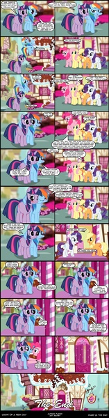 Size: 992x3798 | Tagged: safe, artist:skipsy, derpibooru import, applejack, fluttershy, pinkie pie, rainbow dash, rarity, twilight sparkle, comic:dawn of a new day, comic, female, lesbian, rarijack, shipping, show accurate, twidash