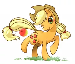 Size: 700x600 | Tagged: apple, applejack, artist:mogura, blushing, cute, derpibooru import, jackabetes, obligatory apple, one eye closed, pixiv, safe, simple background, solo, white background, wink