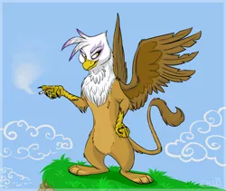 Size: 734x620 | Tagged: safe, artist:jaylacinechiboa, derpibooru import, gilda, gryphon, bipedal, cigarette, looking at you, sky, smiling, smoking, solo, spread wings