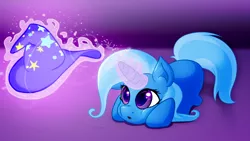 Size: 1024x576 | Tagged: safe, artist:warpout, derpibooru import, trixie, pony, unicorn, :o, blank flank, cute, diatrixes, eyes on the prize, female, filly, hat, magic, mare, prone, solo, telekinesis