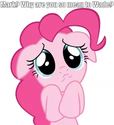 Size: 2132x2345 | Tagged: cute, derpibooru import, floppy ears, image macro, looking at you, lordminion777, mark, markiplier, pinkie pie, pouting, sad, safe, simple background, solo, wade, white background