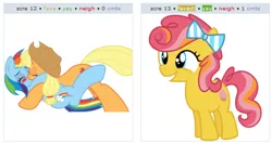 Size: 530x283 | Tagged: safe, derpibooru import, applejack, rainbow dash, oc, appledash, exploitable meme, female, juxtaposition, juxtaposition win, lesbian, meme, shipper on deck, shipping