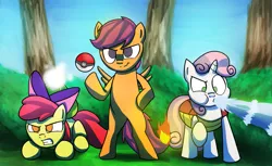 Size: 1485x910 | Tagged: safe, artist:anticular, derpibooru import, apple bloom, scootaloo, sweetie belle, bulbasaur, charmander, pegasus, pony, squirtle, bipedal, crossover, cutie mark crusaders, female, filly, no pupils, pokefied, pokémon