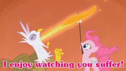 Size: 682x384 | Tagged: safe, derpibooru import, edit, edited screencap, screencap, gilda, pinkie pie, earth pony, gryphon, pony, griffon the brush off, eyes closed, female, fire, fire breath, frown, grin, hot, image macro, mare, marshmallow, meme, mouth hold, pink text, pinkie being pinkie, schadenfreude, smiling, spicy, text, windswept mane