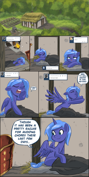 Size: 2100x4167 | Tagged: artist:robd2003, ask, comic, derpibooru import, filly, moon-fall, morning, princess luna, safe, sleeping, solo, stretching, tumblr, waking, woona, younger