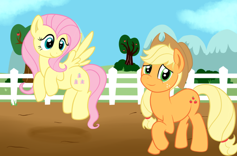 Size: 981x649 | Tagged: applejack, artist:fluttershyfree, derpibooru import, fluttershy, safe