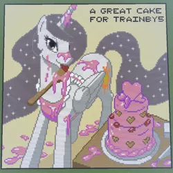 Size: 800x800 | Tagged: safe, artist:johnjoseco, artist:kaborto, derpibooru import, princess celestia, alicorn, pony, princess molestia, bedroom eyes, cake, food, messy, minecraft, minecraft pixel art, pixel art, solo