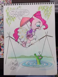 Size: 852x1136 | Tagged: alternate hairstyle, artist:andypriceart, balancing, clothes, derpibooru import, gummy, moon pie, parody, pinkie pie, safe, stretching portrait, the haunted mansion, traditional art, umbrella