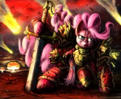 Size: 832x683 | Tagged: safe, artist:davidcurser, artist:doublewbrothers, derpibooru import, pinkie pie, pony, armor, bipedal, crossover, mushroom cloud, power armor, powered exoskeleton, solo, space marine, sword, warhammer (game), warhammer 40k